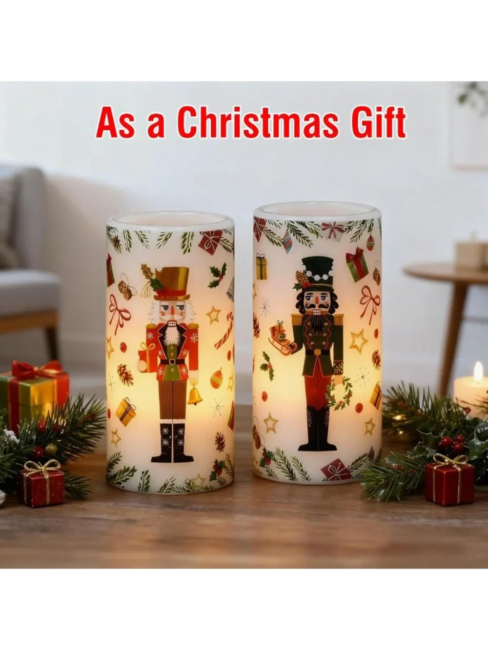 Flameless Nutcracker Pillar Candles with Remote Timer | 2 Pack, Battery Operated